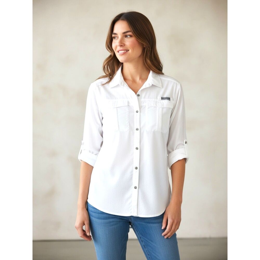 Field & Stream Women’s Roll-tab Sleeves Button Down Top Shirt White Sz XL